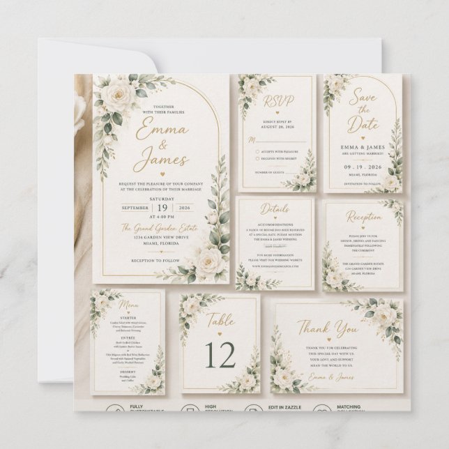 Convites   White Rose Sage Green Wedding Invitation (Verso)