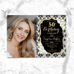 Convites White Roses Black White Damask Foto 50th Birthday<br><div class="desc">Elegante convite floral feminino para o 50º aniversário com sua foto. Design branco preto de vidro com ouro brilhante. Apresenta cor damasco preta e branca, rosas, fonte de script e confetti. Perfeito para uma festa de comemoração de na moda adulto. Personalize com seus próprios detalhes. Pode ser personalizado para qualquer...</div>