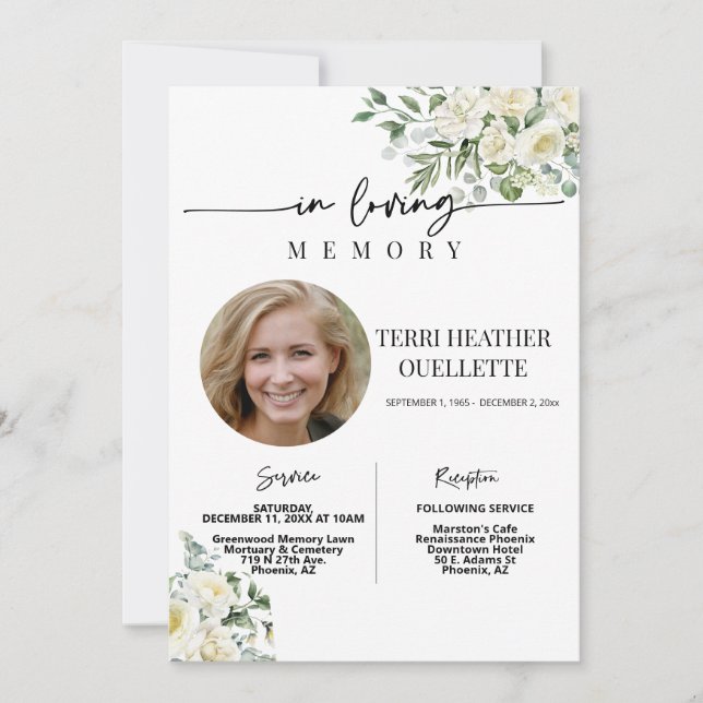 Convites White Roses Boho Funeral Memorial Foto (Frente)