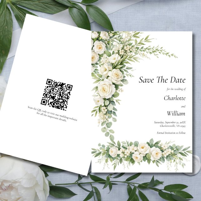 Convites White Roses Cream Wedding Save The Date QR Code (White Roses Cream Florals Watercolor Elegant Wedding Save the date card)