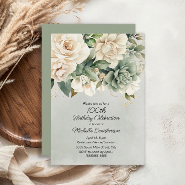 Convites White Sage Green Floral Dourado 100º aniversário (White and sage green floral 100th birthday invitation)