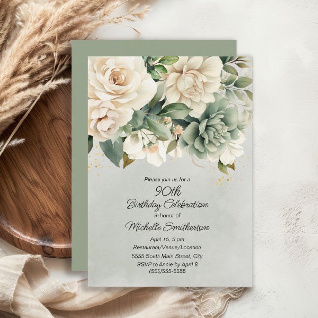 Convites White Sage Green Floral Dourado 90 Aniversário (White and sage green floral 90th birthday party invitation)