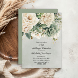 Convites White Sage Green Floral Dourado aniversário de 21