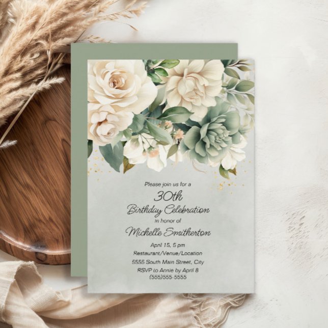 Convites White Sage Green Floral Dourado aniversário de 30  (White and sage green floral 30th birthday invitation)