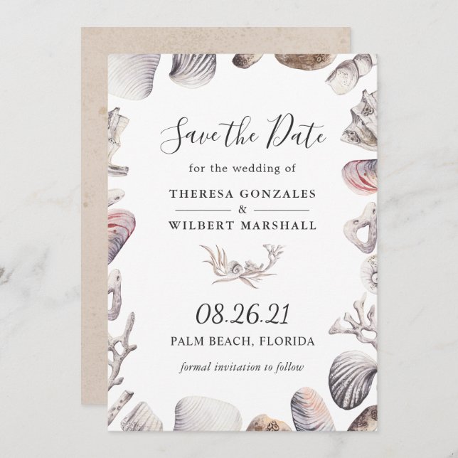 Convites White Sea Shell Beach Weding the Date Card (Frente/Verso)