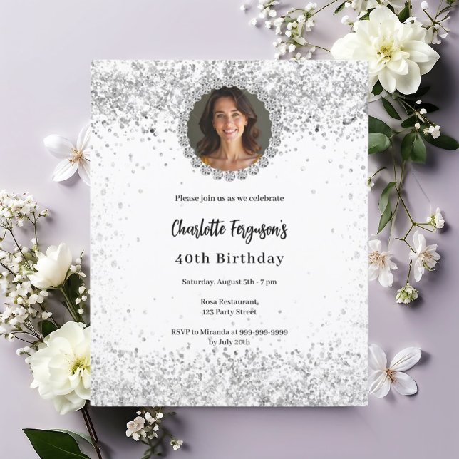 Convites White silver photo diamonds birthday (Criador carregado)