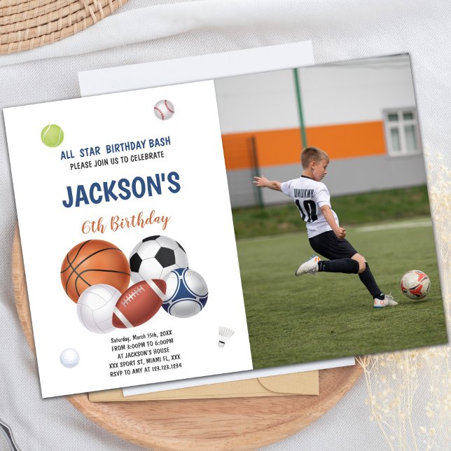 Convites White Sports Birthday Invances com foto (White Sports Birthday Invitations with photo)