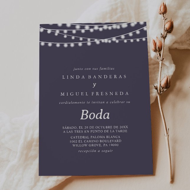 Convites White String Luzes Boda Casamento Espanhol (Criador carregado)