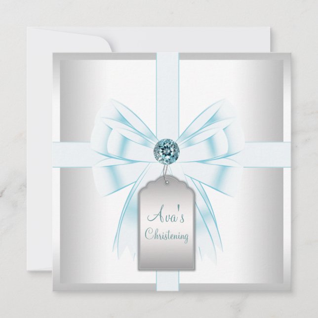 Convites White Teal Blue Baby Baptism Christening (Frente)