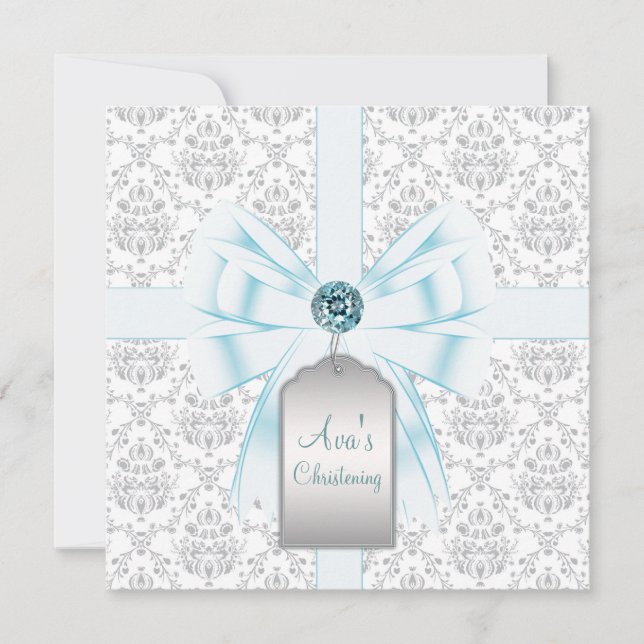 Convites White Teal Blue Damask Baby Baptism Christening (Frente)