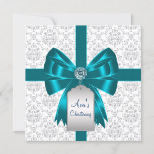 Convites White Teal Blue Damask Baby Christening
