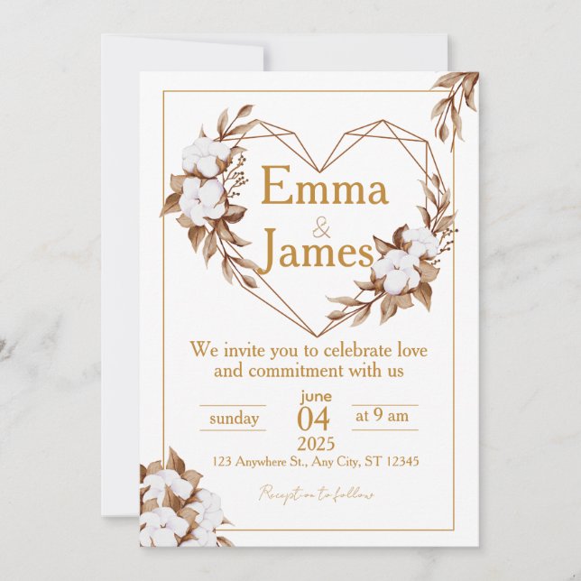 Convites White Wedding Invite with Elegant Heart & Roses (Frente)