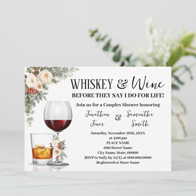 Convites White Winter Floral Whiskey & Wine Couples Shower (Em pé/Frente)