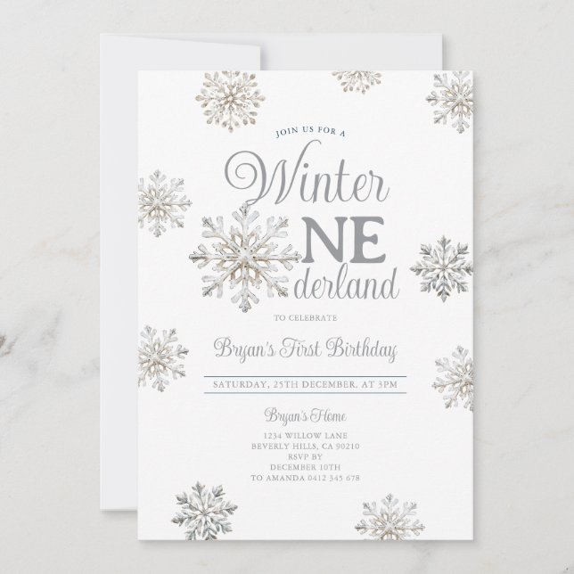 Convites White Winter Onederland Silver Snowflakes Birthday (Frente)