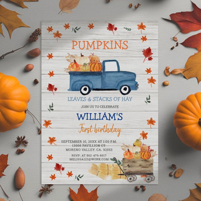 Convites White Wood Primeiro aniversário de caminhão azul r (Criador carregado)