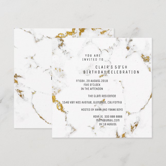 Convites WhiteGold Carrara Marble Square Party (Frente/Verso)