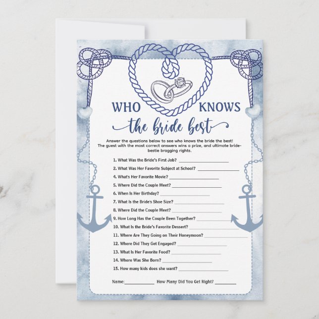 Convites Who Knows the Bride Best Game Nautical Wedding  (Frente)