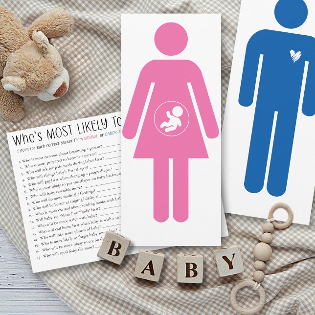 Convites Who's Most Likely To Baby Shower Game Mommy Card (Funny Who's Most Likely To mommy-to-be fun couples shower game pink female stick figure answer card)