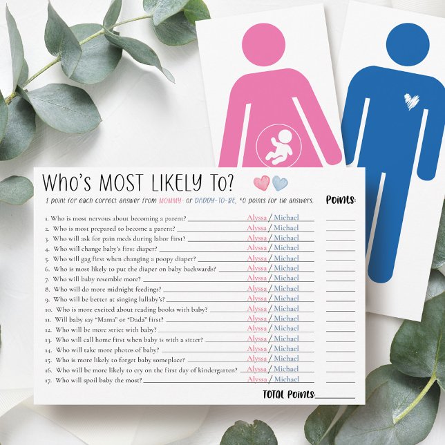 Convites Who's Most Likely To Couple Baby Shower Game Card (Funny cute Who's Most Likely To mommy-to-be and daddy personalized name fun couple shower game card)