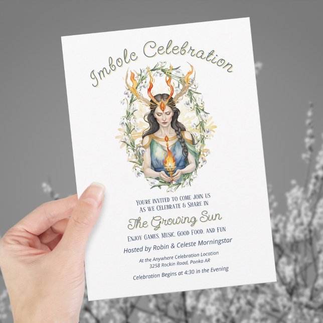 Convites Wiccan Imbolc Goddese Floral Flame Dourado Snowfla (Wiccan Imbolc Goddess Floral Flame Gold Snowflake Invitation)