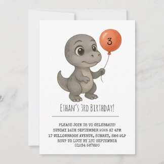 Convites Wide-Eyed Gray Dinosaur with Balloon Birthday 