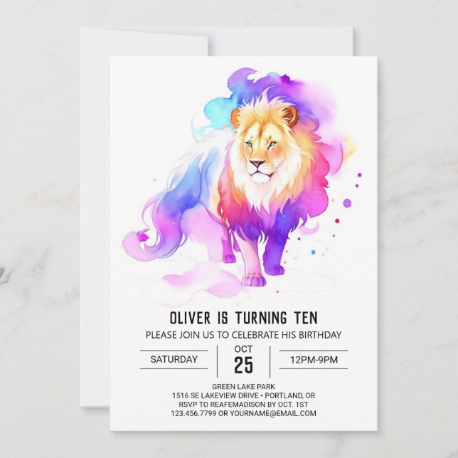 Convites Wilcolor Watercolor Lion Birthday (Frente)