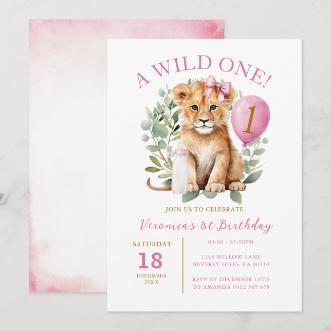 Convites Wild 1 Birthday Lion Girl Birthday Arco (Frente/Verso)