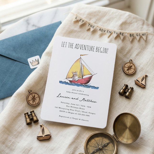 Convites Wild Adventure Baby Shower Sailboat (Invitation simulated on table)
