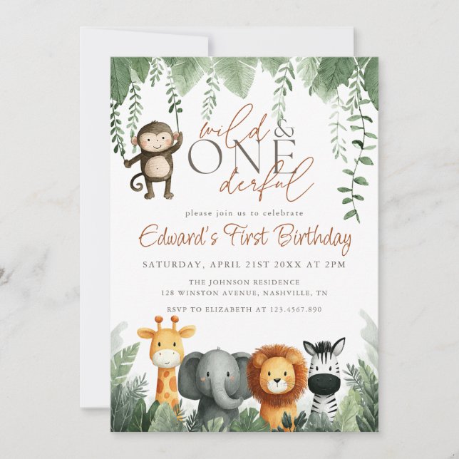 Convites Wild And Onederful Jungle 1st Birthday (Frente)
