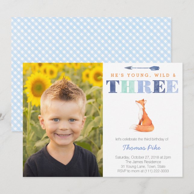 Convites Wild e Three, Fox aniversário de 3 anos para Boy (Frente/Verso)