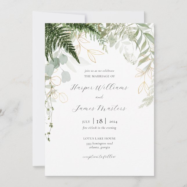 Convites Wild Fern Greenery e Dourado Casamento (Frente)