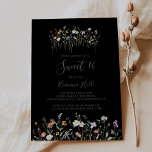 Convites Wild Floral Black Sweet 16 Festa de Aniversário<br><div class="desc">Este convite para a festa de aniversário de 16 anos florais é perfeito para um aniversário moderno. A design apresenta flores elegantes,  cor-de-água,  cor-de-rosa,  pincelada,  roxa,  marinho e branca,  com folhas verdes esmeraldas em fundo escuro.</div>