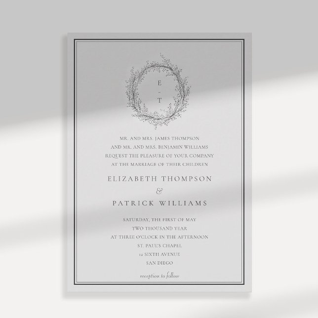 Convites Wild Greenery Crest Formal Casamento Tradicional (wildflowers wedding invitation black and white formal traditional botanical crest parents names)
