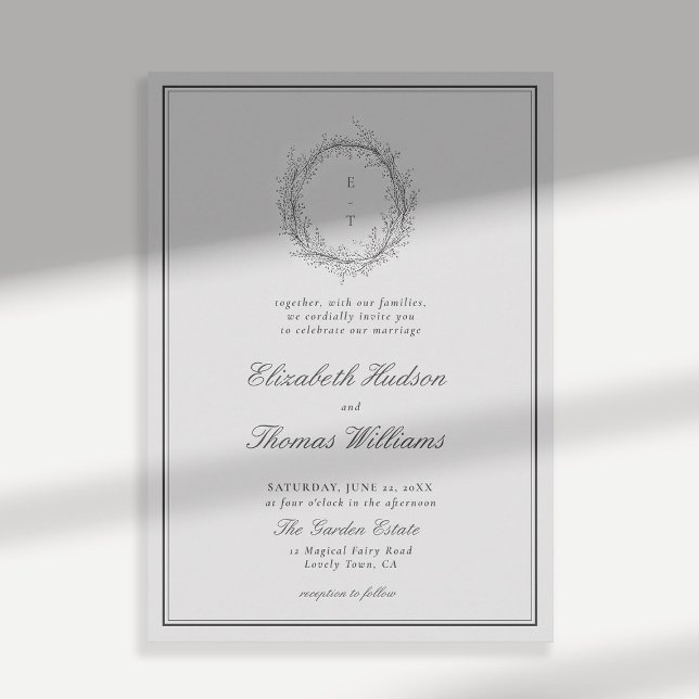 Convites Wild Greenery Crest Formal Moderno Casamento Cláss (wildflowers wedding invitation black and white formal traditional botanical crest modern classic)