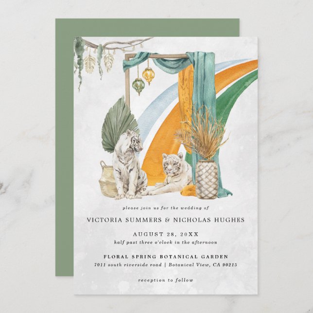 Convites Wild Love | Boho Macrame Tiger Greenery Casamento (Frente/Verso)