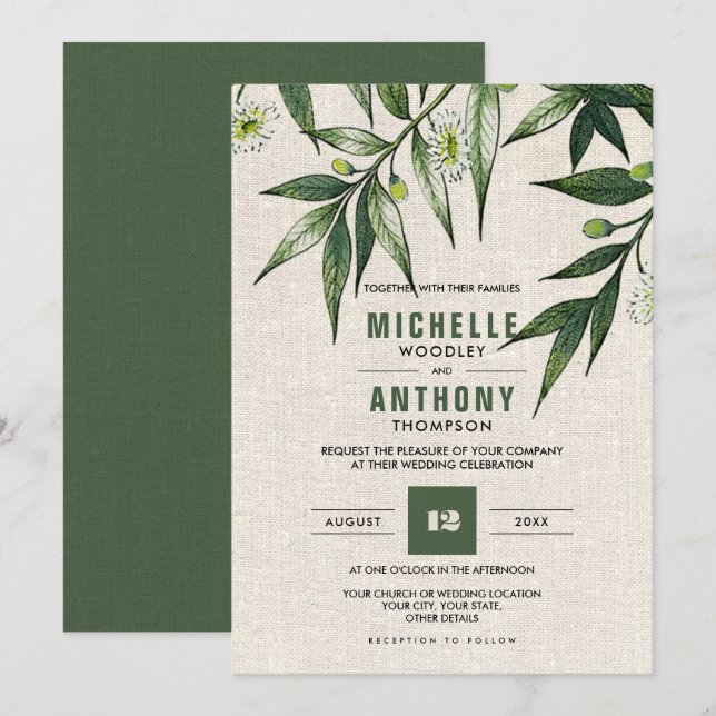 Convites Wild Meadow | Casamento de Burlap Botânico Verde (Frente/Verso)