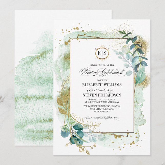 Convites Wild Meadow | Casamento Geométrico Botânico Verde (Frente/Verso)