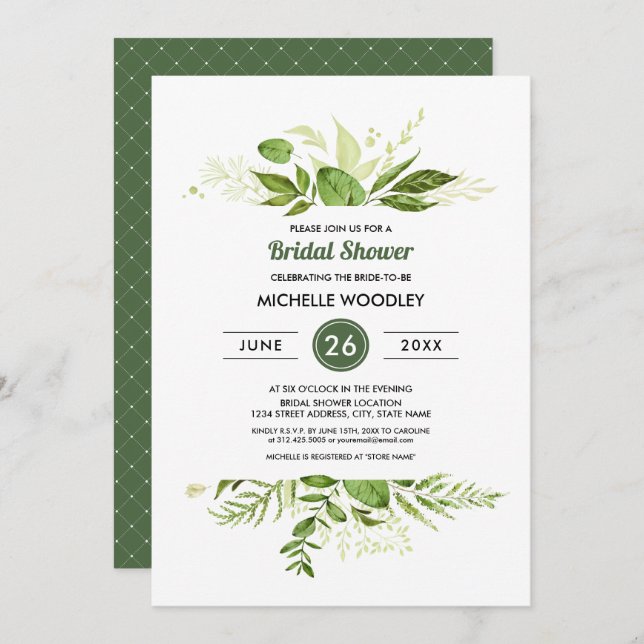 Convites Wild Meadow | Chá de panela Botânico Verde (Frente/Verso)