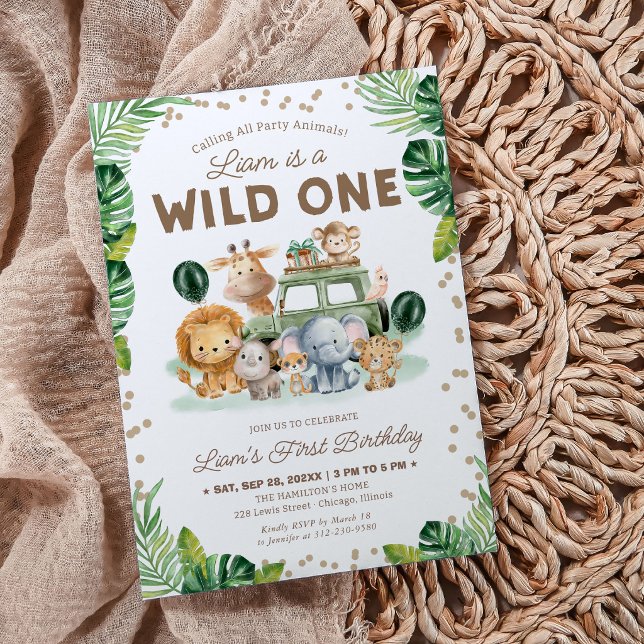Convites Wild One 1st Birthday Invitation Safari Animals (Criador carregado)