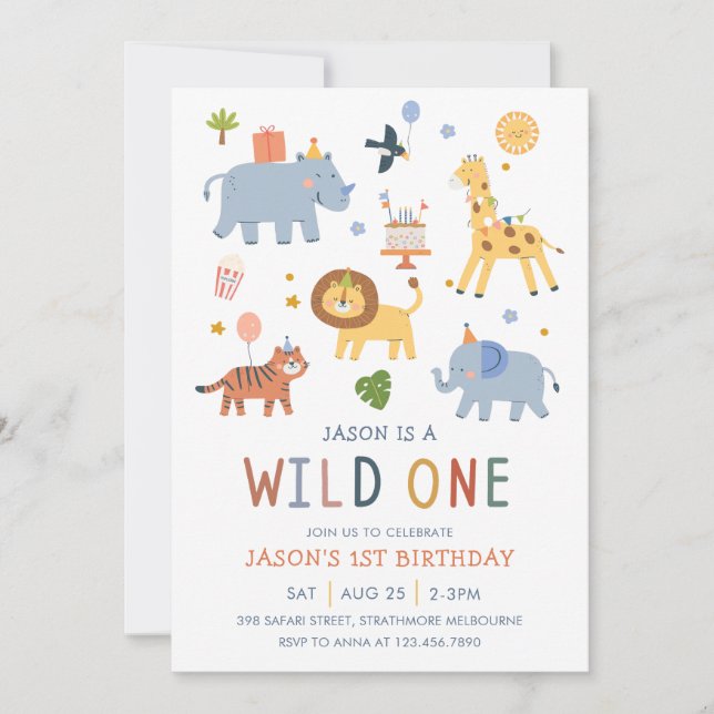 Convites Wild One 1st Birthday Safari Animals Cute Kids (Frente)