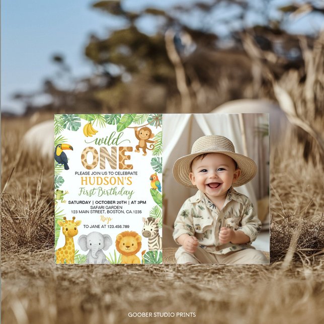 Convites Wild One Animals Safari 1st Birthday Photo (Criador carregado)