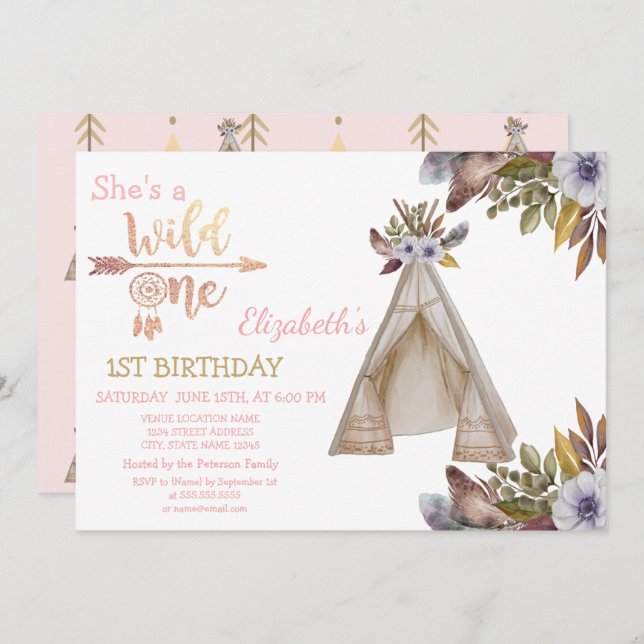 Convites Wild One,Arrows,Tent,Flowers,Boho Birthday (Frente/Verso)