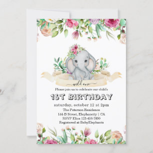 Convites Wild One - Baby Elephant and Flowers primeiro aniv