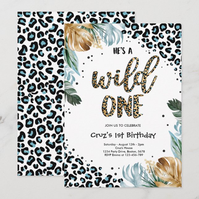 Convites Wild One Birthday Boy Leopard Print Jungle Party (Frente/Verso)