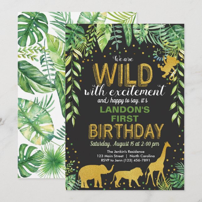 Convites Wild One Birthday Invitation Jungle Safari (Frente/Verso)