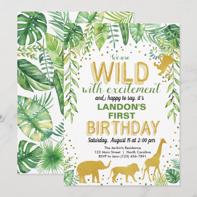 Convites Wild One Birthday Invitation Jungle Safari (Frente/Verso)