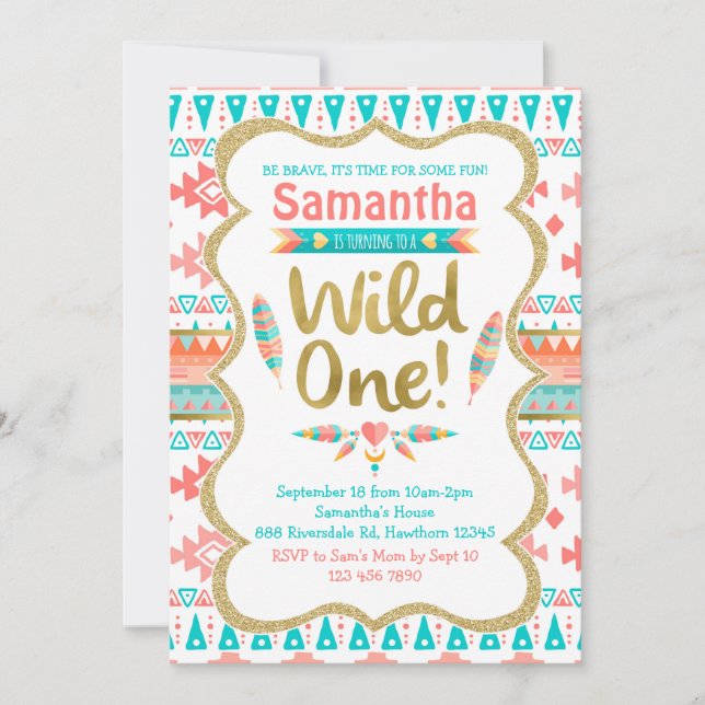 Convites Wild One Birthday, primeiro aniversario de menina, (Frente)
