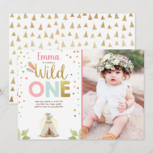 Convites Wild One Birthday Teepee Boho Tribal Pink Girl