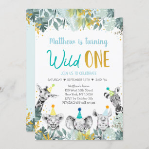 Convites Wild One Blue Dourada Party Animal Birthday