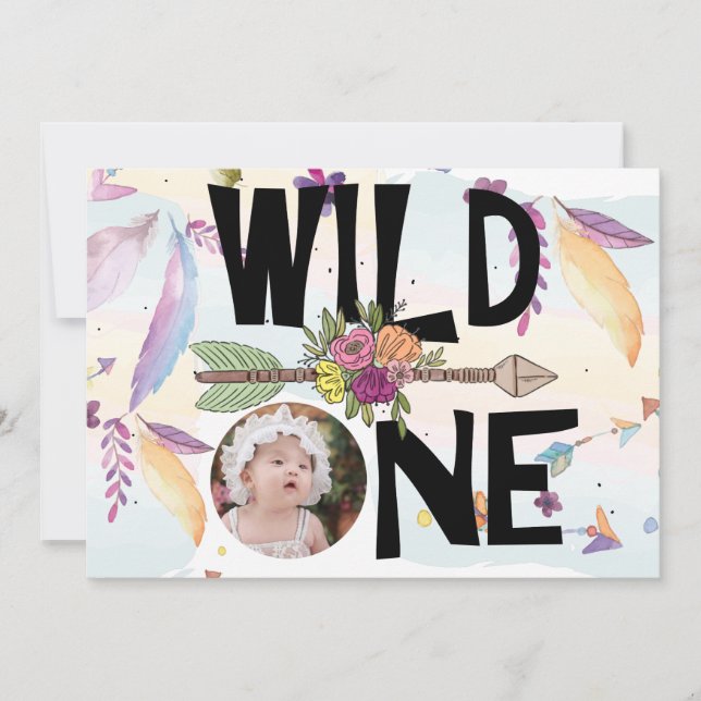 Convites Wild One Boho Photo Girls Primeiro Aniversário (Frente)